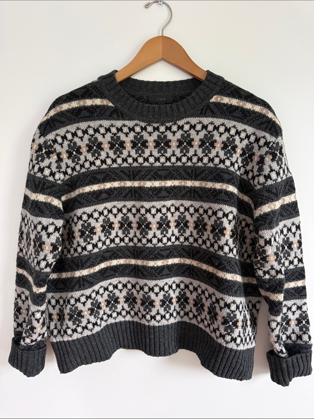 J. Crew 100% Lamb’s Wool Charcoal Cream & Taupe Fair Isle Crewneck Sweater